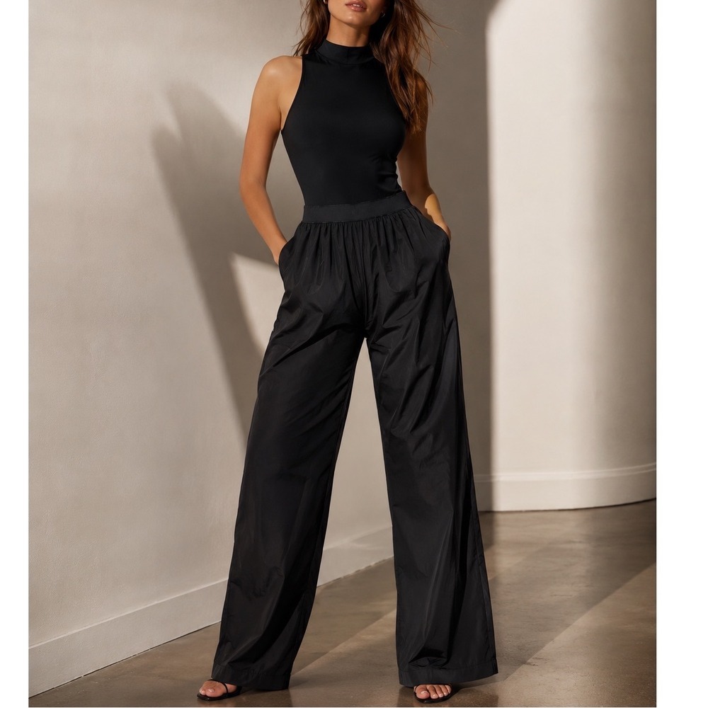 Victorias Secret Black Mock Neck Wide Leg Jumpsuit XL Sleeveless Back Cutout A1
